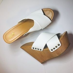 White Faux Leather Wood Platform Wedge Heel